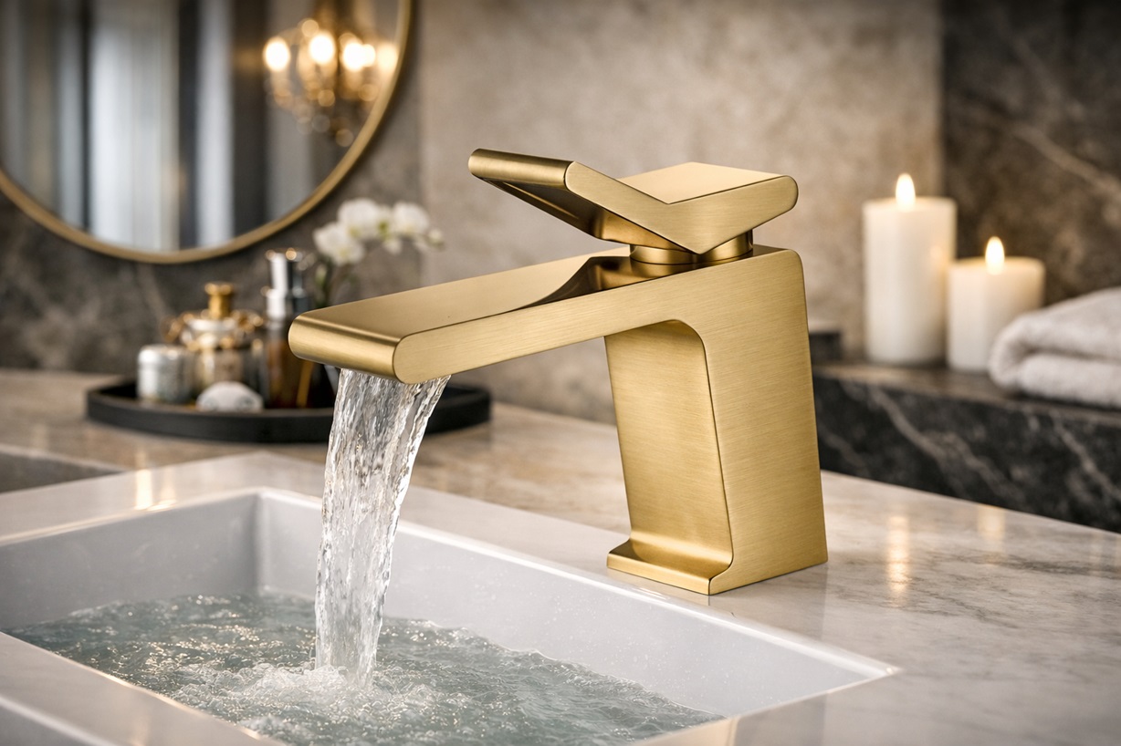 Brushed gold waterfall bathroom faucet with single handle on a modern white vanity